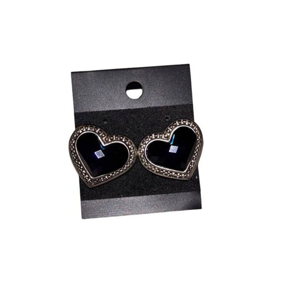 Vtg Blue Stone Heart Shaped Earrings w Silver Metal Trim - Retro Oversized - Picture 2 of 4
